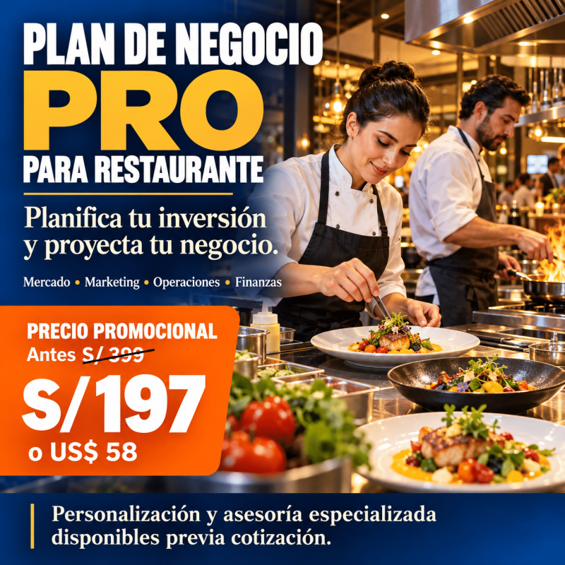 Plan de Negocio PRO para Restaurantes. Precio promocional S/ 197 o US$ 58.